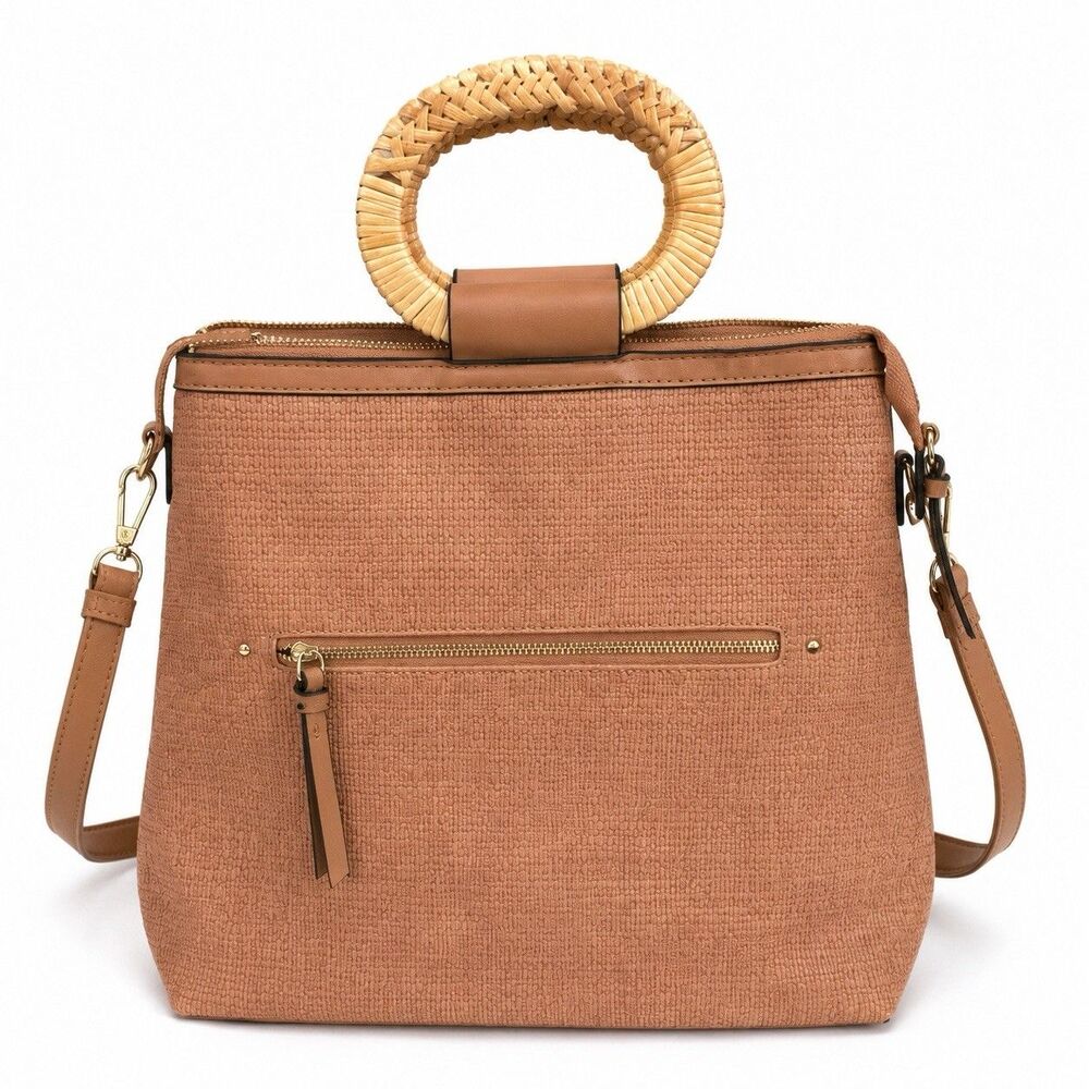 Tan Woven Look Satchel Top Handle Zip with Detachable Adjustable/Backpack